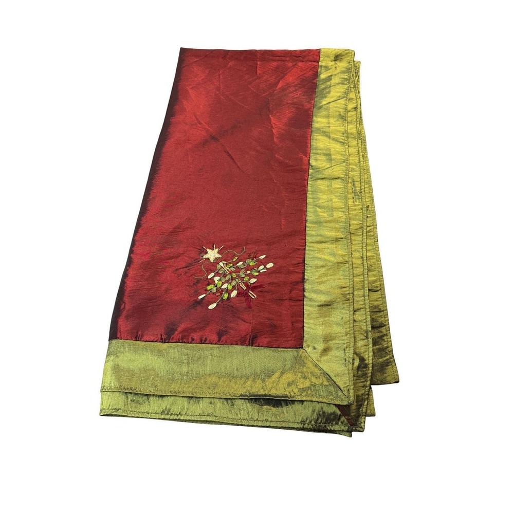 Holiday Christmas Tree Embroidered Table Cloth Shimmery‎ Silky Red Green Trim